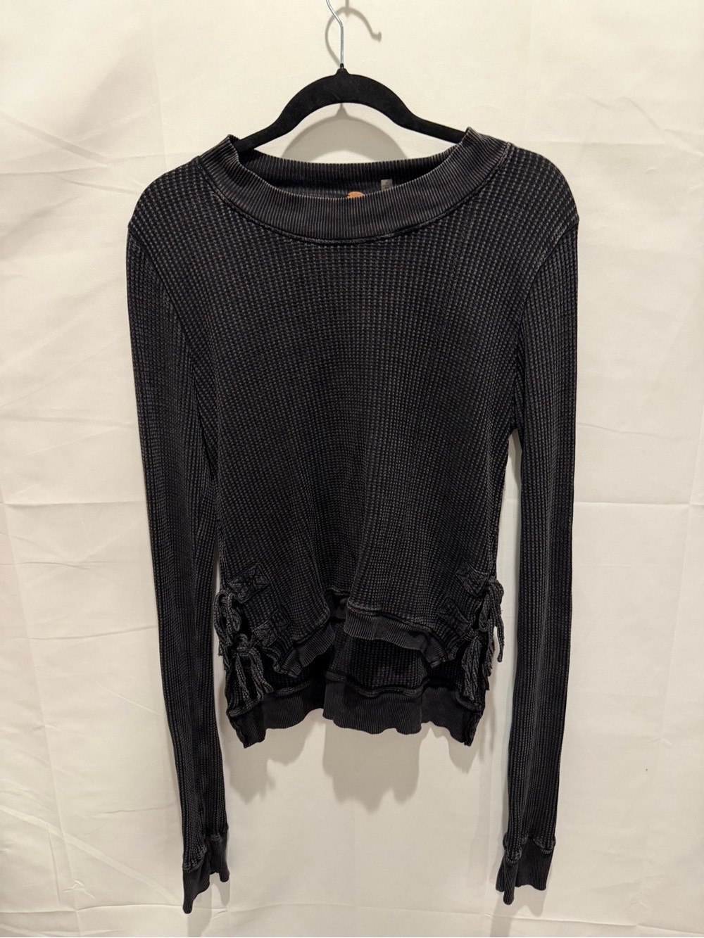 Free People Women's Black Waffle Knit Long-Sleeve Top.size S.grunge,goth,boho